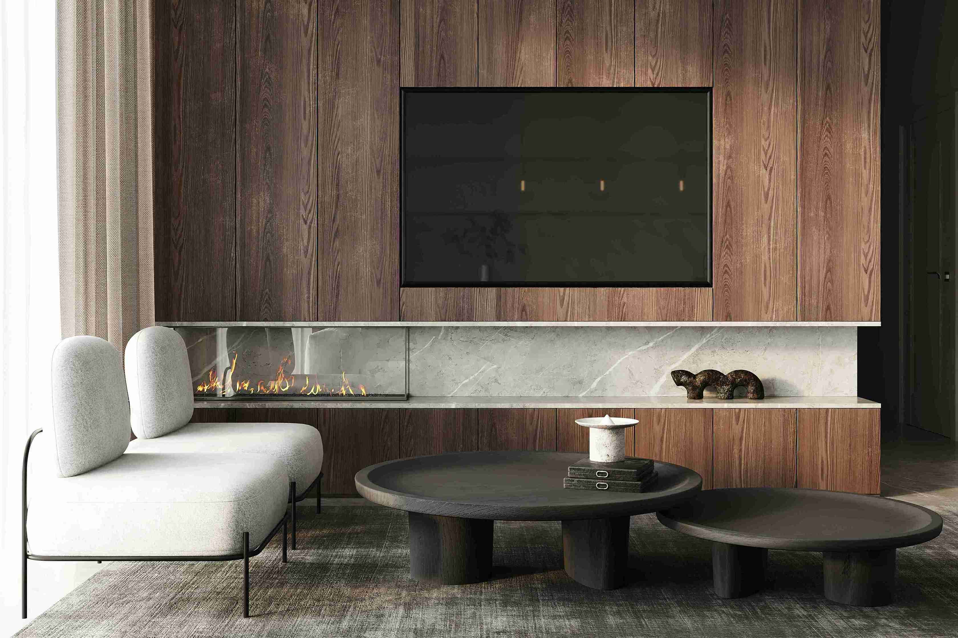 Beautiful living room with modern glass fireplace